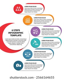 6 steps infographic template with 6 options. Flowchart that can be used for business report, data visualization and presentation. Timeline infographic elements vector illustration.