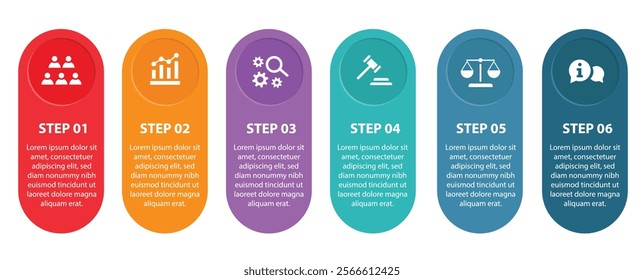 6 steps infographic template with 6 options. Flowchart that can be used for business report, data visualization and presentation. Timeline infographic elements vector illustration.