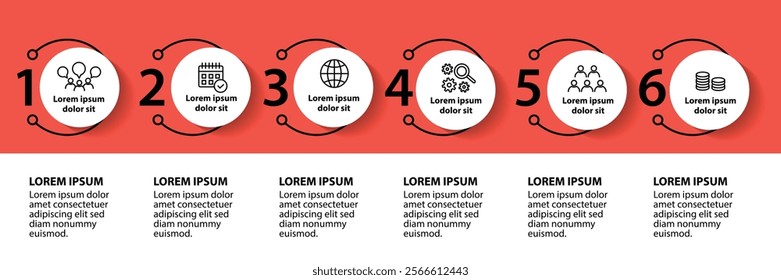 6 steps infographic template with 6 options. Flowchart that can be used for business report, data visualization and presentation. Timeline infographic elements vector illustration.