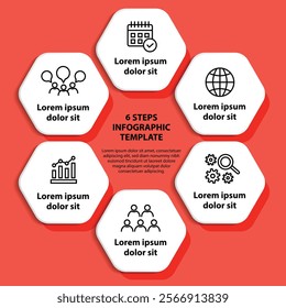 6 steps infographic template with 6 options. Flowchart that can be used for business report, data visualization and presentation. Timeline infographic elements vector illustration.