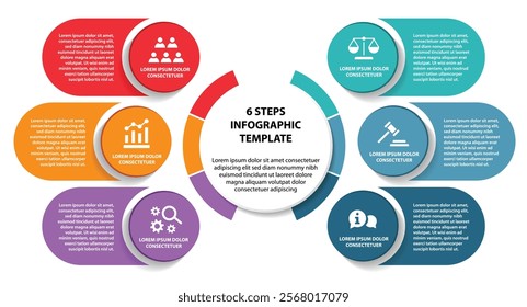 6 steps infographic template with 6 options. Flowchart that can be used for business report, data visualization and presentation. Timeline infographic elements vector illustration.