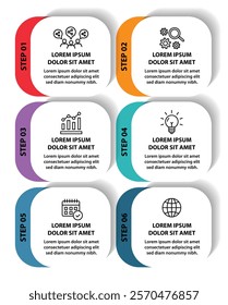 6 steps infographic template with 6 options. Flowchart that can be used for business report, data visualization and presentation. Timeline infographic elements vector illustration.