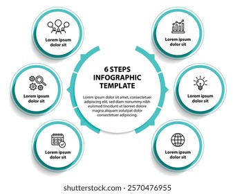 6 steps infographic template with 6 options. Flowchart that can be used for business report, data visualization and presentation. Timeline infographic elements vector illustration.