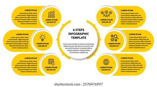6 steps infographic template with 6 options. Flowchart that can be used for business report, data visualization and presentation. Timeline infographic elements vector illustration.