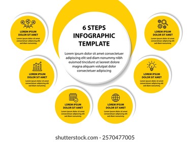 6 steps infographic template with 6 options. Flowchart that can be used for business report, data visualization and presentation. Timeline infographic elements vector illustration.