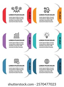 6 steps infographic template with 6 options. Flowchart that can be used for business report, data visualization and presentation. Timeline infographic elements vector illustration.