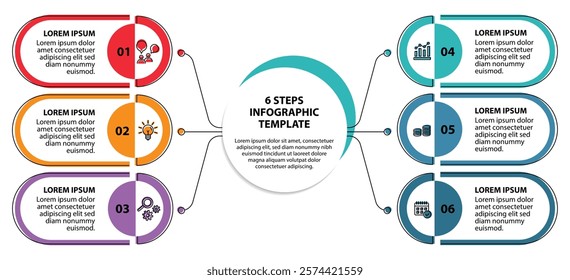 6 steps infographic template with 6 options. Flowchart that can be used for business report, data visualization and presentation. Timeline infographic elements vector illustration.
