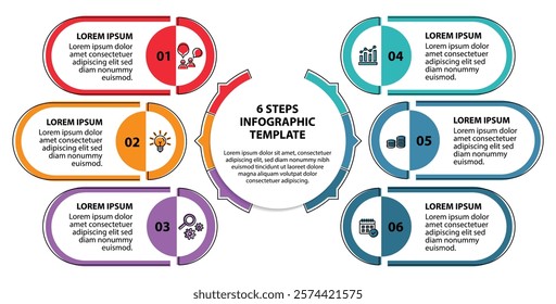 6 steps infographic template with 6 options. Flowchart that can be used for business report, data visualization and presentation. Timeline infographic elements vector illustration.