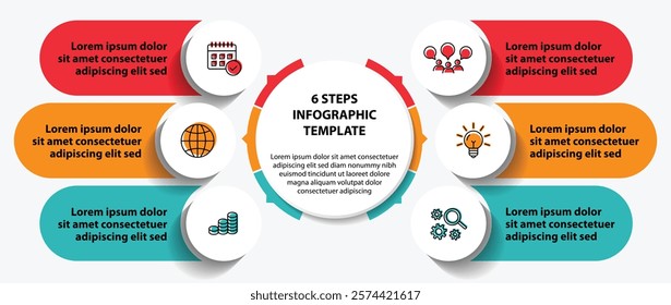 6 steps infographic template with 6 options. Flowchart that can be used for business report, data visualization and presentation. Timeline infographic elements vector illustration.