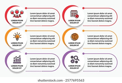 6 steps infographic template with 6 options. Flowchart that can be used for business report, data visualization and presentation. Timeline infographic elements vector illustration.