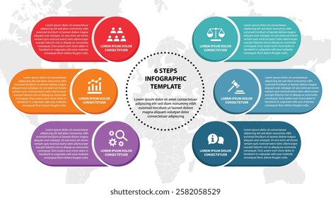 6 steps infographic template with 6 options. Flowchart that can be used for business report, data visualization and presentation. Timeline infographic elements vector illustration.