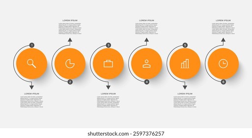 6 steps infographic template with 6 options. Timeline infographic elements vector illustration.