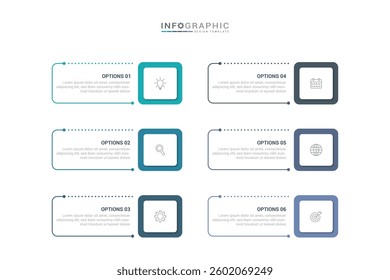 6 steps infographic template with 6 options. Flowchart that can be used for business report, data visualization and presentation. Timeline infographic elements vector illustration.