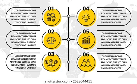 6 steps infographic template with 6 options. Flowchart that can be used for business report, data visualization and presentation. Timeline infographic elements vector illustration.