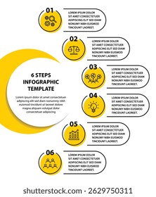 Plantilla de infografía de 6 pasos con 6 opciones. Diagrama de flujo que se puede utilizar para informes de negocio, visualización de datos y presentación. Ilustración vectorial de elementos infográficos de línea de tiempo.