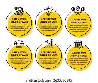 6 steps infographic template with 6 options. Flowchart that can be used for business report, data visualization and presentation. Timeline infographic elements vector illustration.