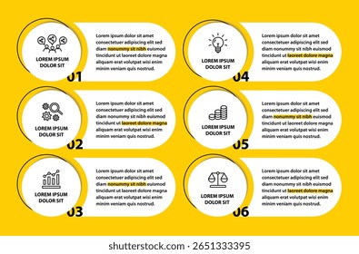 6 steps infographic template with 6 options. Flowchart that can be used for business report, data visualization and presentation. Timeline infographic elements vector illustration.