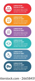 Plantilla de infografía de 6 pasos con 6 opciones. Diagrama de flujo que se puede utilizar para informes de negocio, visualización de datos y presentación. Ilustración vectorial de elementos infográficos de línea de tiempo.