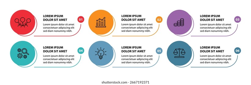 6 passos infográfico modelo com 6 opções. Fluxograma que pode ser usado para apresentação, visualização e relatório de negócios. Ilustração vetorial dos elementos infográficos da linha do tempo.