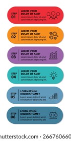 Plantilla de infografía de 6 pasos con 6 opciones. Diagrama de flujo que se puede utilizar para informes de negocio, visualización de datos y presentación. Ilustración vectorial de elementos infográficos de línea de tiempo.