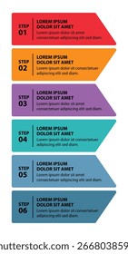Plantilla de infografía de 6 pasos con 6 opciones. Diagrama de flujo que se puede utilizar para informes de negocio, visualización de datos y presentación. Ilustración vectorial de elementos infográficos de línea de tiempo.