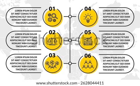 6 steps infographic template with 6 options. Flowchart that can be used for business report, data visualization and presentation. Timeline infographic elements vector illustration.