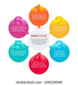 6 steps infographic template (6 points, five options) with colorful circular options fragments connected to each other by lines and sample text - vector chart