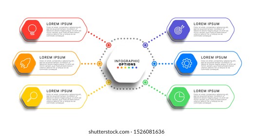 6 Steps Infographic Template With Realistic Hexagonal Elements On White Background. Business Process Diagram. Company Presentation Slide Template. Modern Vector Info Graphic Layout Design. Eps 10