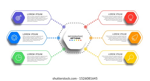 6 steps infographic template with realistic hexagonal elements on white background. business process diagram. company presentation slide template. modern vector info graphic layout design. eps 10