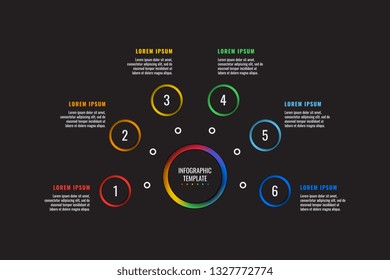 6 steps infographic template with round paper cut elements on black background. business process diagram. company presentation slide template. modern vector info graphic layout design. eps 10