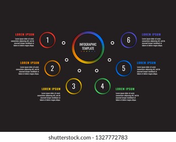 6 steps infographic template with round paper cut elements on black background. business process diagram. company presentation slide template. modern vector info graphic layout design. eps 10
