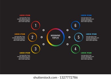 6 steps infographic template with round paper cut elements on black background. business process diagram. company presentation slide template. modern vector info graphic layout design. eps 10