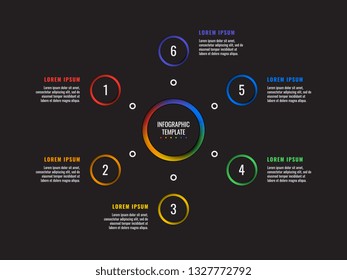 6 steps infographic template with round paper cut elements on black background. business process diagram. company presentation slide template. modern vector info graphic layout design. eps 10