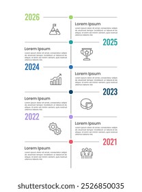 Línea de tiempo de la infografía de 6 pasos. Diseño simple de la Plantilla de la presentación del negocio. Aniversario, hitos, hoja de ruta, estrategias y Planes. Ilustración vectorial.