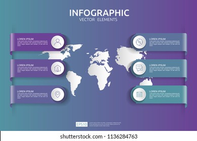 6 steps infographic. timeline design template with 3D paper label and world map background. Business concept with options. For content, diagram, flowchart, steps, parts, workflow layout, chart