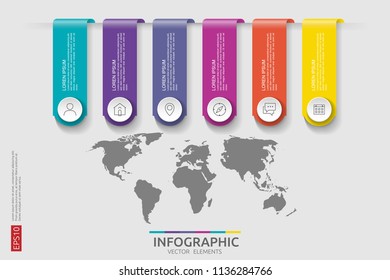 6 steps infographic. timeline design template with 3D paper label and world map background. Business concept with options. For content, diagram, flowchart, steps, parts, workflow layout, chart