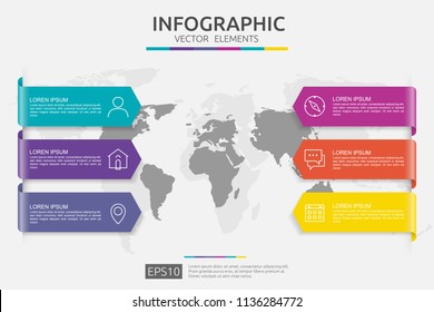6 steps infographic. timeline design template with 3D paper label and world map background. Business concept with options. For content, diagram, flowchart, steps, parts, workflow layout, chart