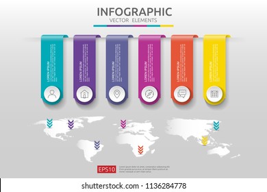 6 steps infographic. timeline design template with 3D paper label and world map background. Business concept with options. For content, diagram, flowchart, steps, parts, workflow layout, chart