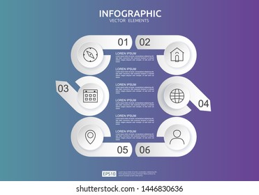 6 steps infographic. timeline design template with 3D paper label, integrated circles. Business concept with options. For content, diagram, flowchart, steps, parts, workflow layout, chart.