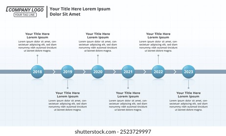 6 Schritte Infografik Zeitleiste auf einem 16:9 Layout für Business-Präsentationen, Management, und Bewertung.