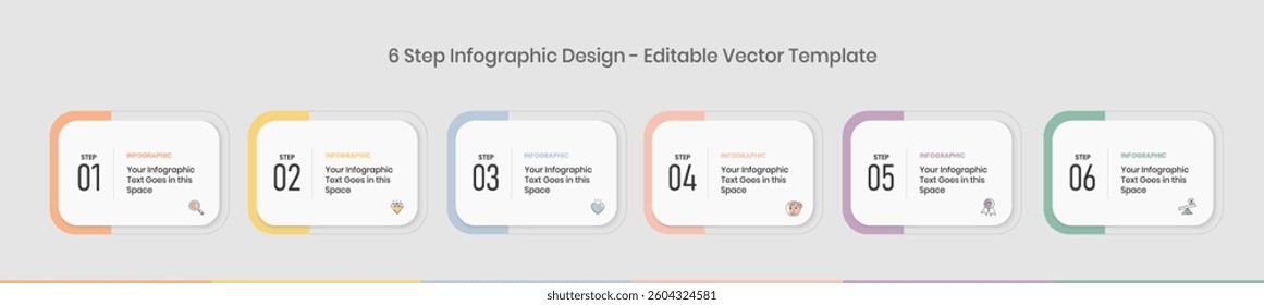 6 Steps Infographics Design editable Template, Graph, Pie chart, workflow layout, horizontal rectangular box diagram, report, business presentation graphic elements, step by step process diagram