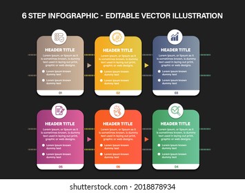 6 Steps Infographics Design Template - Graph, Pie chart, workflow layout, cycling diagram, brochure, report, presentation, web design. Editable Vector illustration
