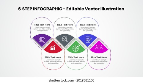 6 Steps Infographics Design Template - Graph, Pie chart, workflow layout, cycling diagram, brochure, report, presentation, web design. Editable Vector illustration