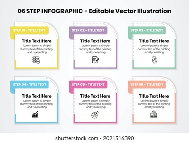 6 Steps Infographics Design Template - Graph, Pie chart, workflow layout, cycling diagram, brochure, report, presentation, web design, Quote Editable Vector illustration