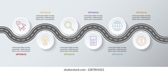6 Schritte Infografik Design Vorlage Roadmap. Verwendung als Workflow-Prozessdiagramm, Geschäftsdatendarstellung, Zeitplanlayout, Meilenstein, Banner, Broschüre, Flussdiagramm