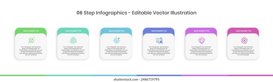 6 Steps Infographics Design Template - Graph, Pie chart, workflow layout, squire diagram, brochure, report, presentation, web design Editable Vector illustration