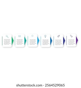6 Steps Infographics Design Template - Graph, Pie chart, workflow layout, squire diagram, brochure, report, presentation, web design Editable Vector