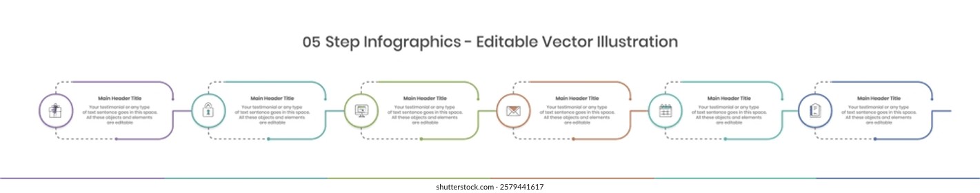 6 Steps Infographics Design Template - Graph, Pie chart, workflow layout, rectangle diagram, brochure, report, presentation, web design Editable Vector illustration