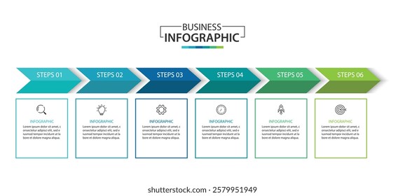6 Steps Infographics Design Template - Graph, workflow layout, brochure, report, presentation, vector illustration