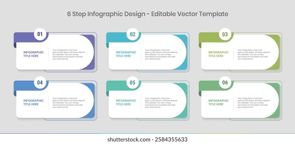 6 Steps Infographics Design Template - Graph, Pie chart, workflow layout, rectangular diagram, brochure, report, presentation, web design Editable Vector illustration on white background